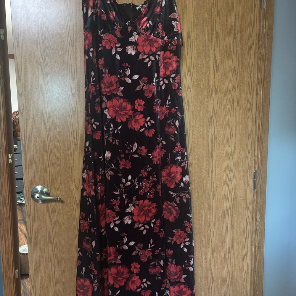 Francesca's Collections Black Maxi Dress with Red and Pink Floral Print